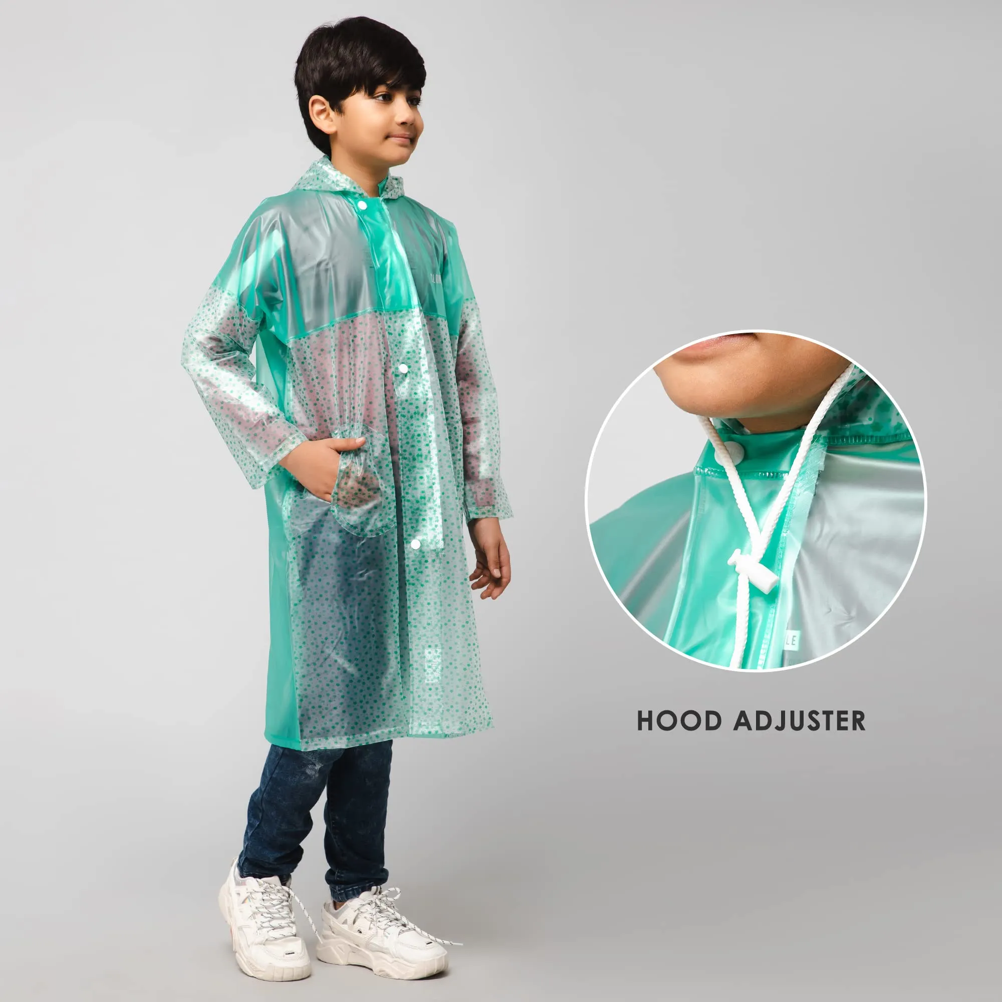 THE CLOWNFISH Misty Magic Series Unisex Kids Waterproof Single Layer PVC Longcoat/Raincoat with Adjustable Hood. Age-5-6 Years (Aqua Green)