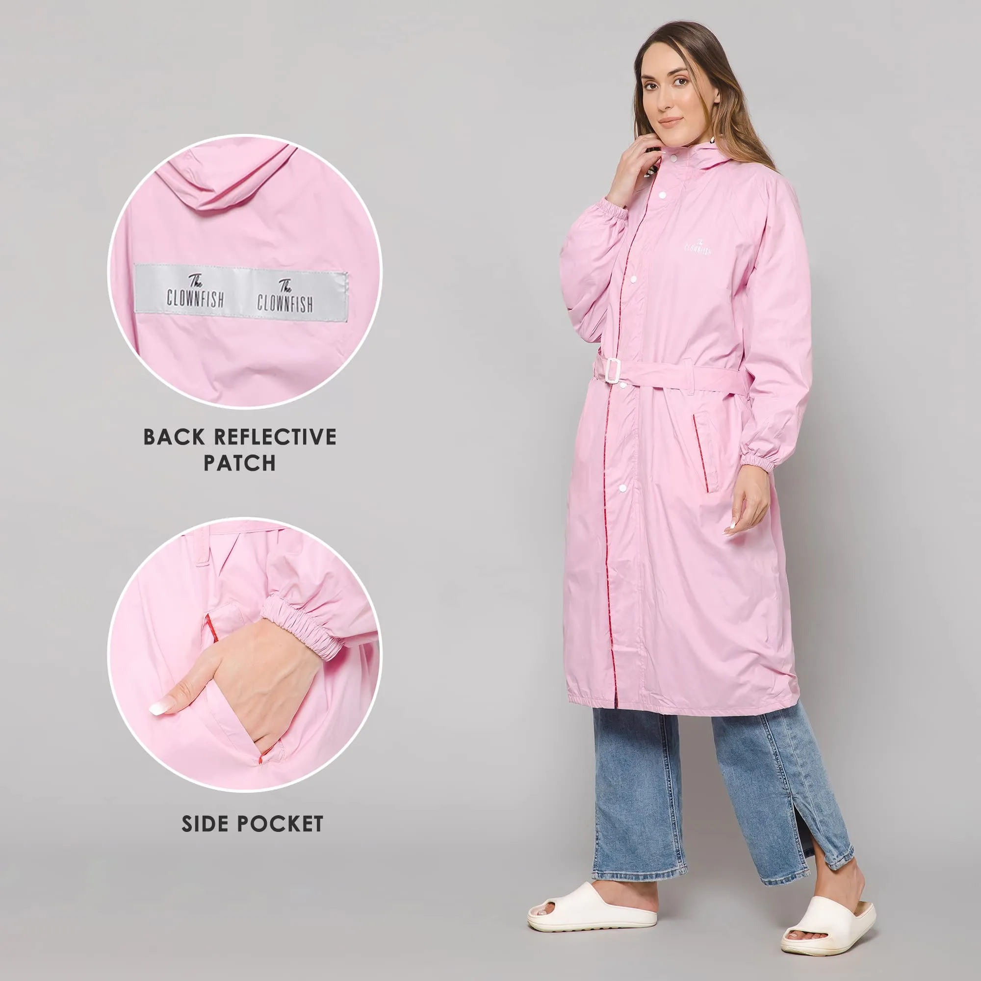 THE CLOWNFISH Polyester Women's Raincoat | Waterproof And Reversible | Lightweight Packable Long Coat - Aquashield Series - Baby Pink (X Large)