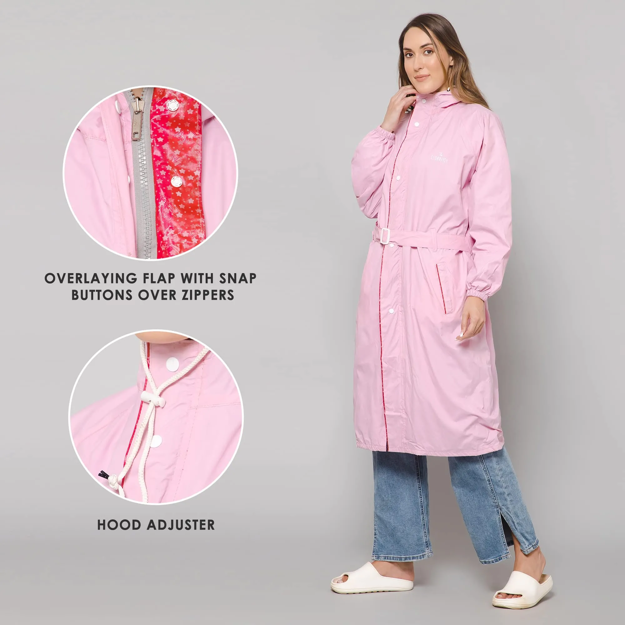 THE CLOWNFISH Polyester Women's Raincoat | Waterproof And Reversible | Lightweight Packable Long Coat - Aquashield Series - Baby Pink (X Large)