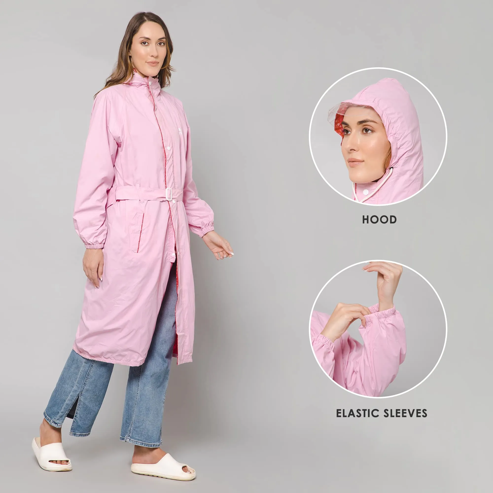 THE CLOWNFISH Polyester Women's Raincoat | Waterproof And Reversible | Lightweight Packable Long Coat - Aquashield Series - Baby Pink (X Large)