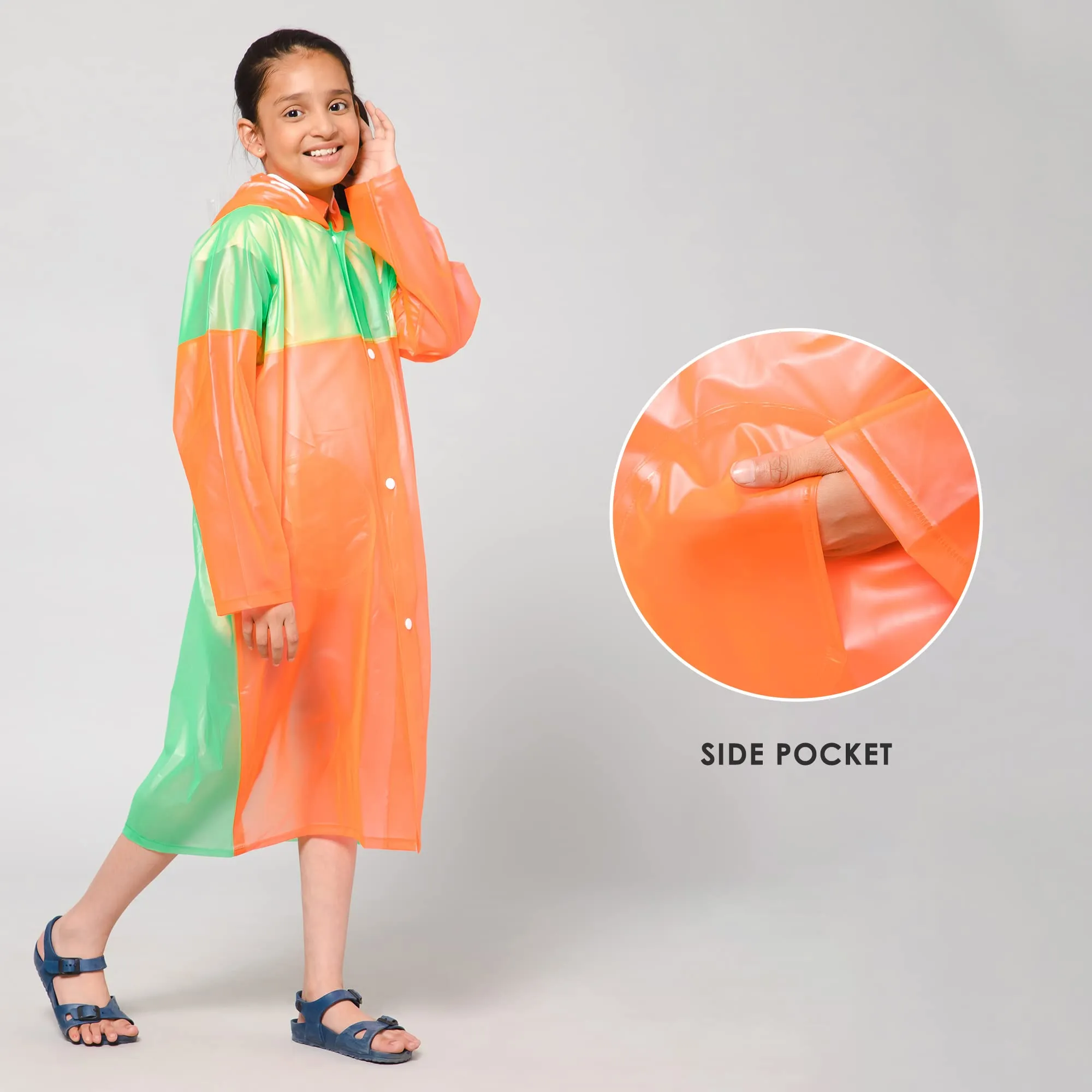 THE CLOWNFISH Puddle Jumper Series Unisex Kids Waterproof Single Layer PVC Longcoat/Raincoat with Adjustable Hood. Age-4-5 Years (Orange)