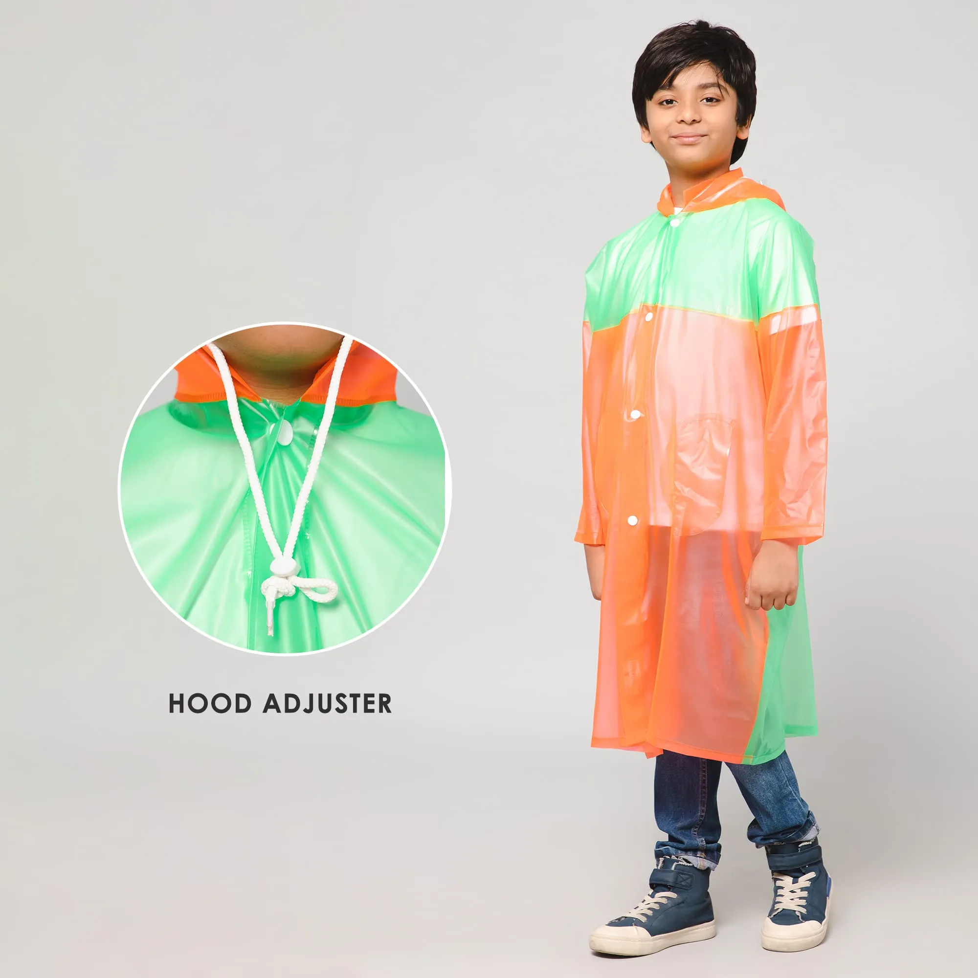 THE CLOWNFISH Puddle Jumper Series Unisex Kids Waterproof Single Layer PVC Longcoat/Raincoat with Adjustable Hood. Age-4-5 Years (Orange)