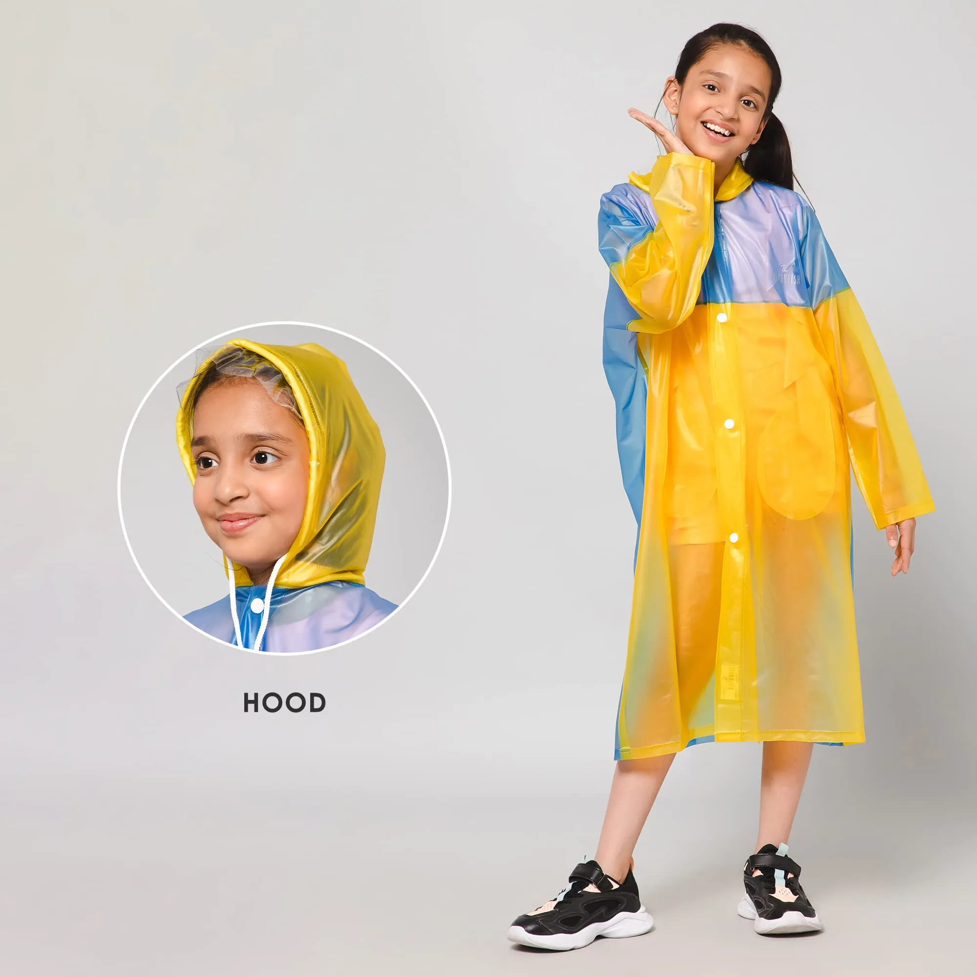 THE CLOWNFISH Puddle Jumper Series Unisex Kids Waterproof Single Layer PVC Longcoat/Raincoat with Adjustable Hood. Age-5-6 Years (Fluoroscent Blue)