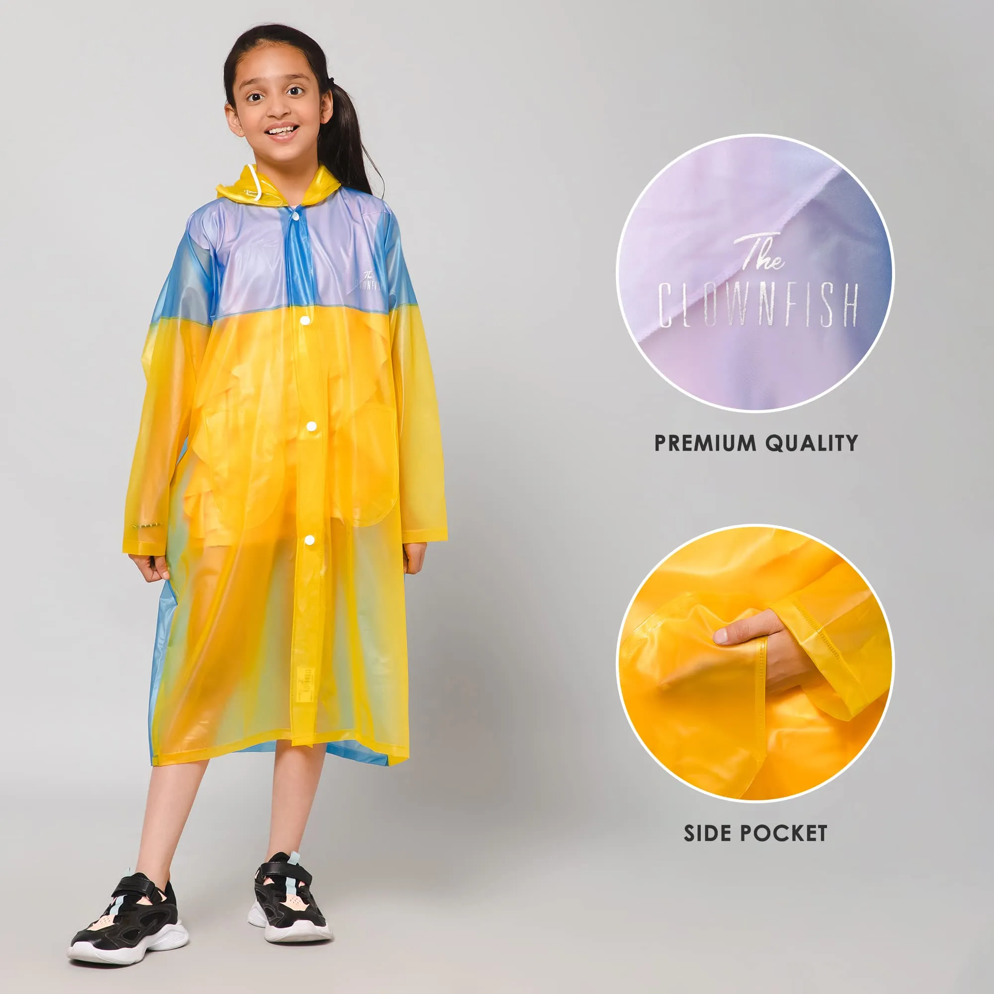 THE CLOWNFISH Puddle Jumper Series Unisex Kids Waterproof Single Layer PVC Longcoat/Raincoat with Adjustable Hood. Age-5-6 Years (Fluoroscent Blue)