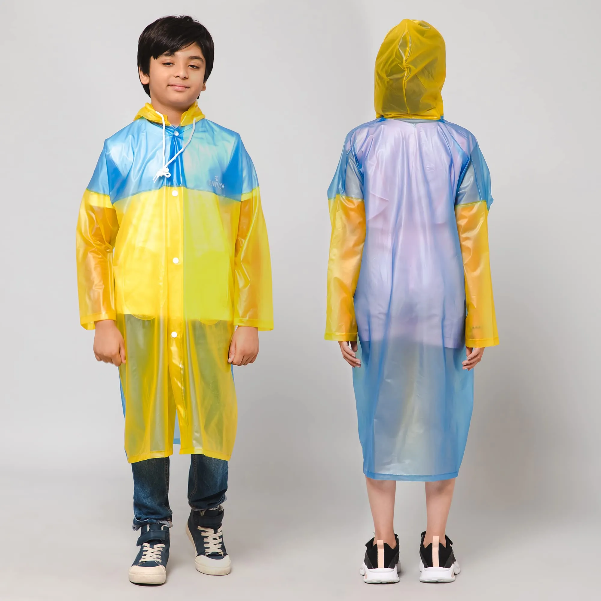 THE CLOWNFISH Puddle Jumper Series Unisex Kids Waterproof Single Layer PVC Longcoat/Raincoat with Adjustable Hood. Age-5-6 Years (Fluoroscent Blue)