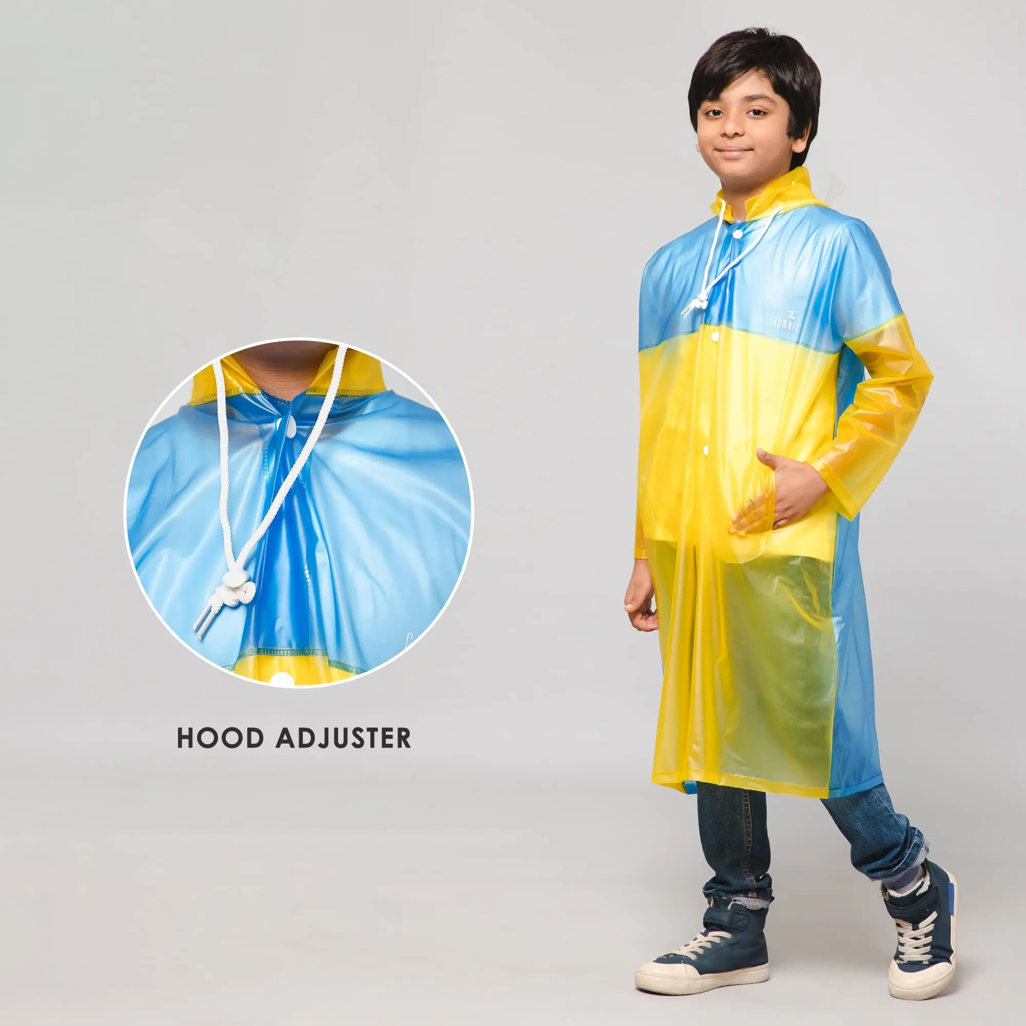 THE CLOWNFISH Puddle Jumper Series Unisex Kids Waterproof Single Layer PVC Longcoat/Raincoat with Adjustable Hood. Age-5-6 Years (Fluoroscent Blue)