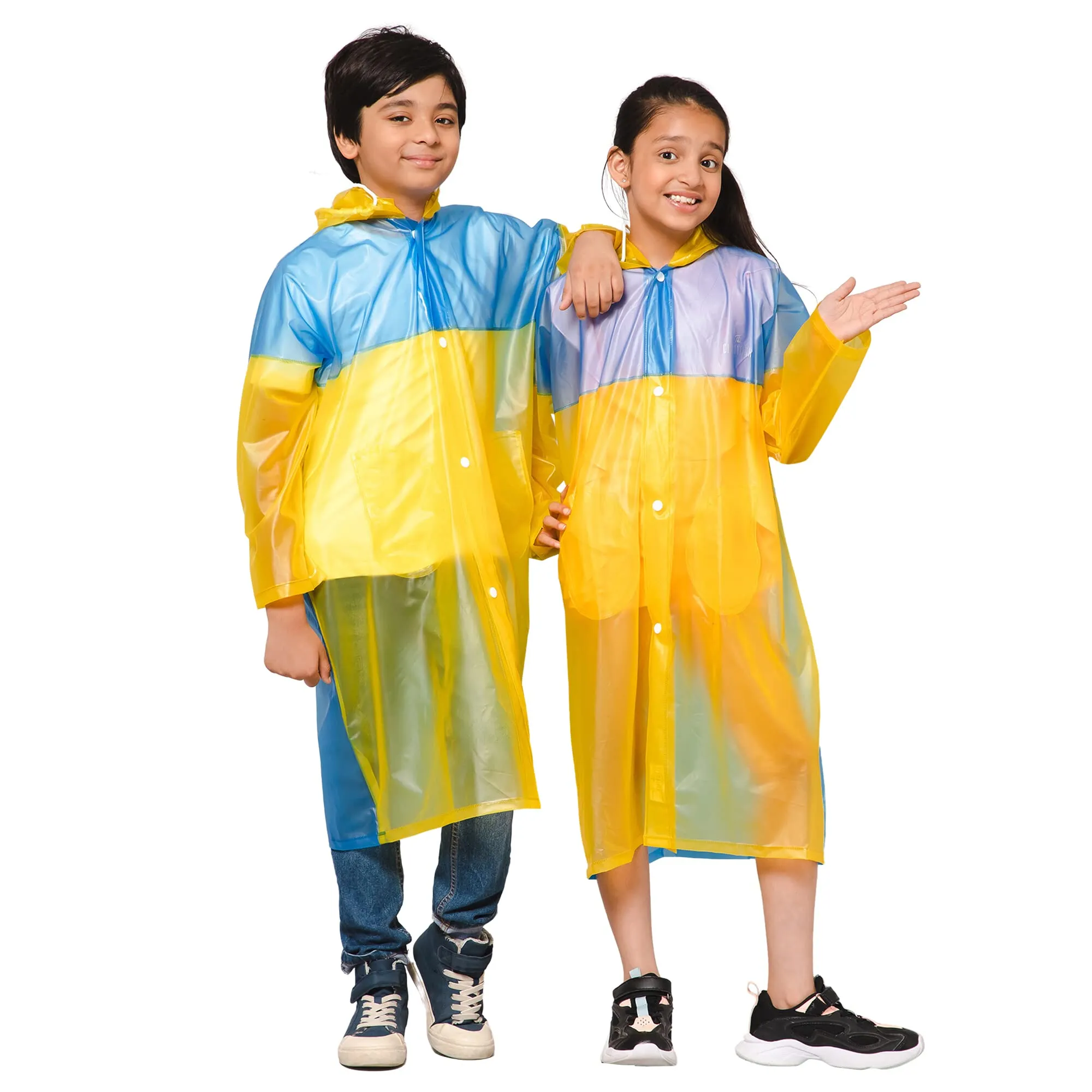 THE CLOWNFISH Puddle Jumper Series Unisex Kids Waterproof Single Layer PVC Longcoat/Raincoat with Adjustable Hood. Age-5-6 Years (Fluoroscent Blue)