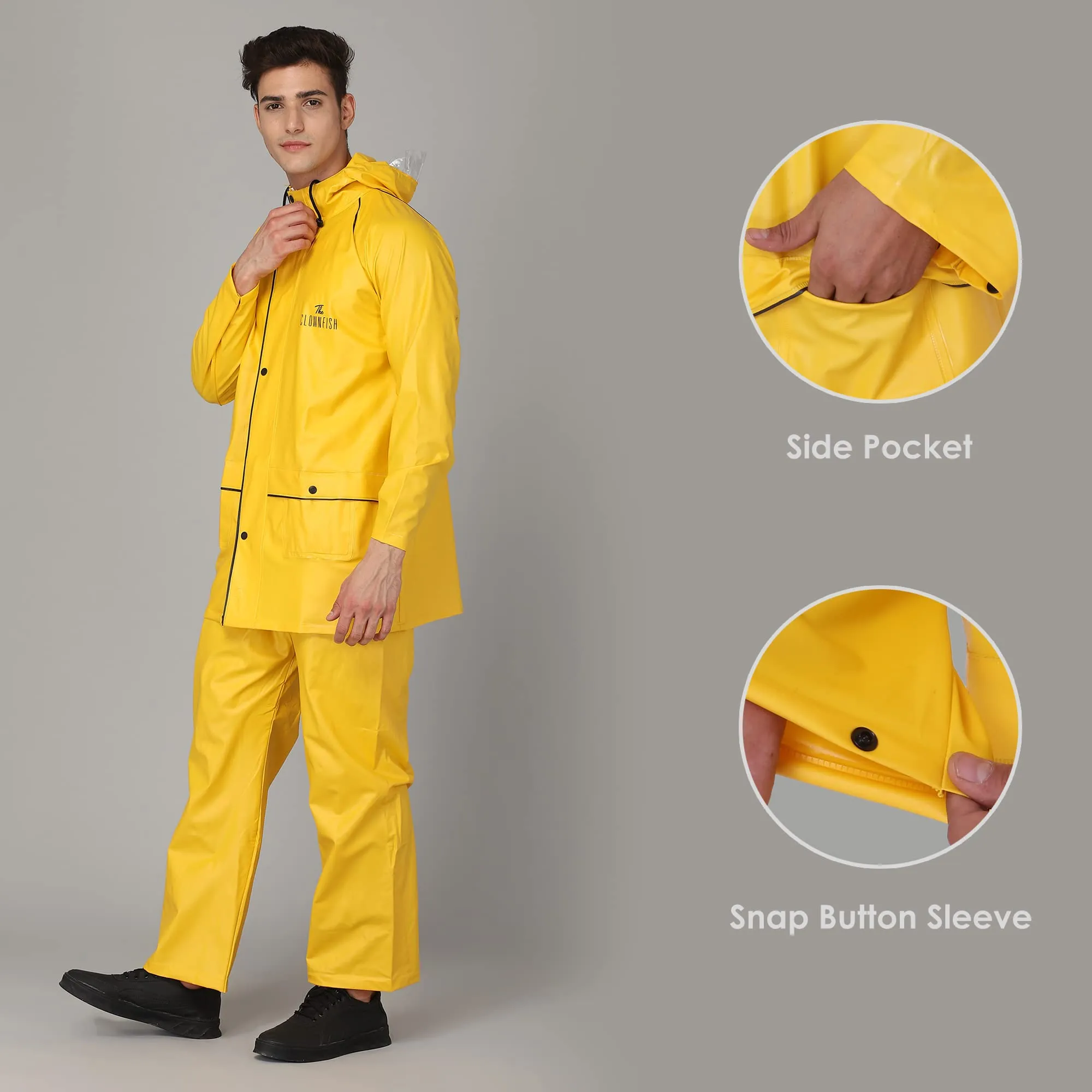 THE CLOWNFISH Roberto Series PVC Rain Coat for Men Waterproof for Bike with Hood Raincoat for Men. Set of Top and Bottom Packed in a matching Storage Bag (Yellow with black piping, X-Large)