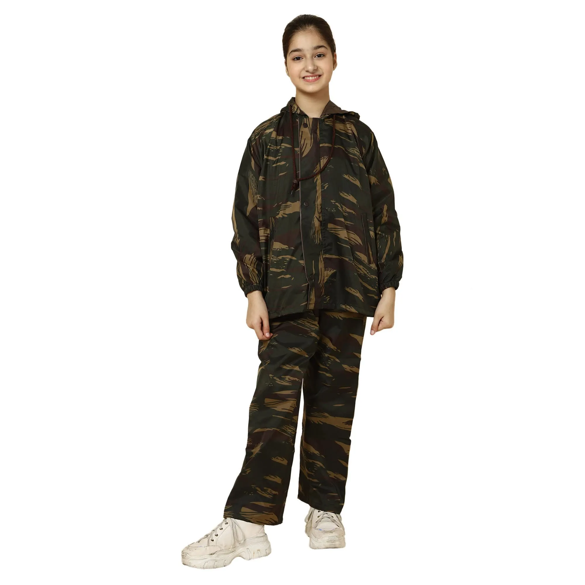 THE CLOWNFISH Scout Series Kids Polyester Double Coating Reversible Raincoat with Hood and Reflector Logo at Back. Set of Top and Bottom. Printed Plastic Pouch. Kid Age-14-16 years (Green Camo)