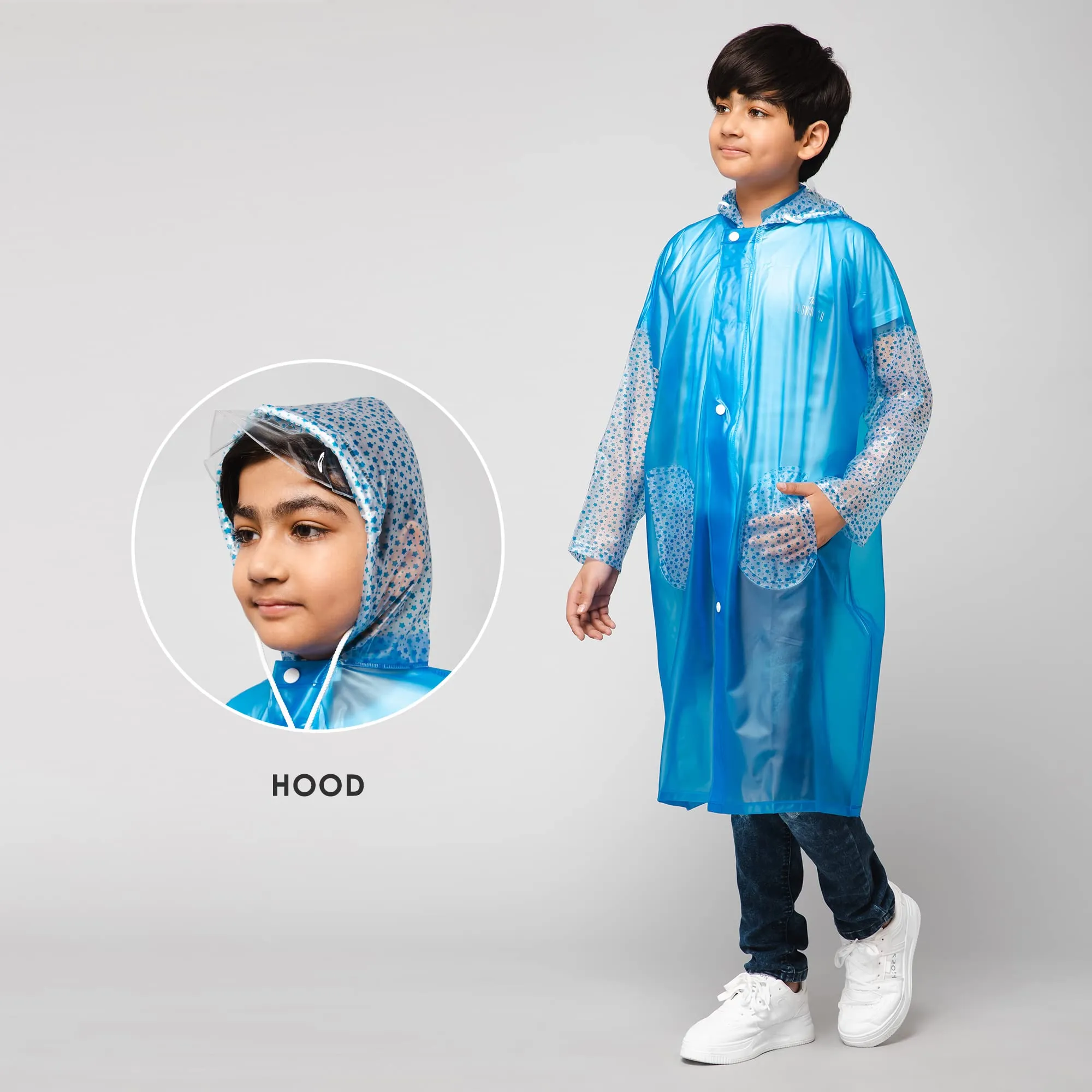 THE CLOWNFISH Shower Saver Series Unisex Kids Waterproof Single Layer PVC Longcoat/Raincoat with Adjustable Hood. Age-3-4 Years (Sky Blue)