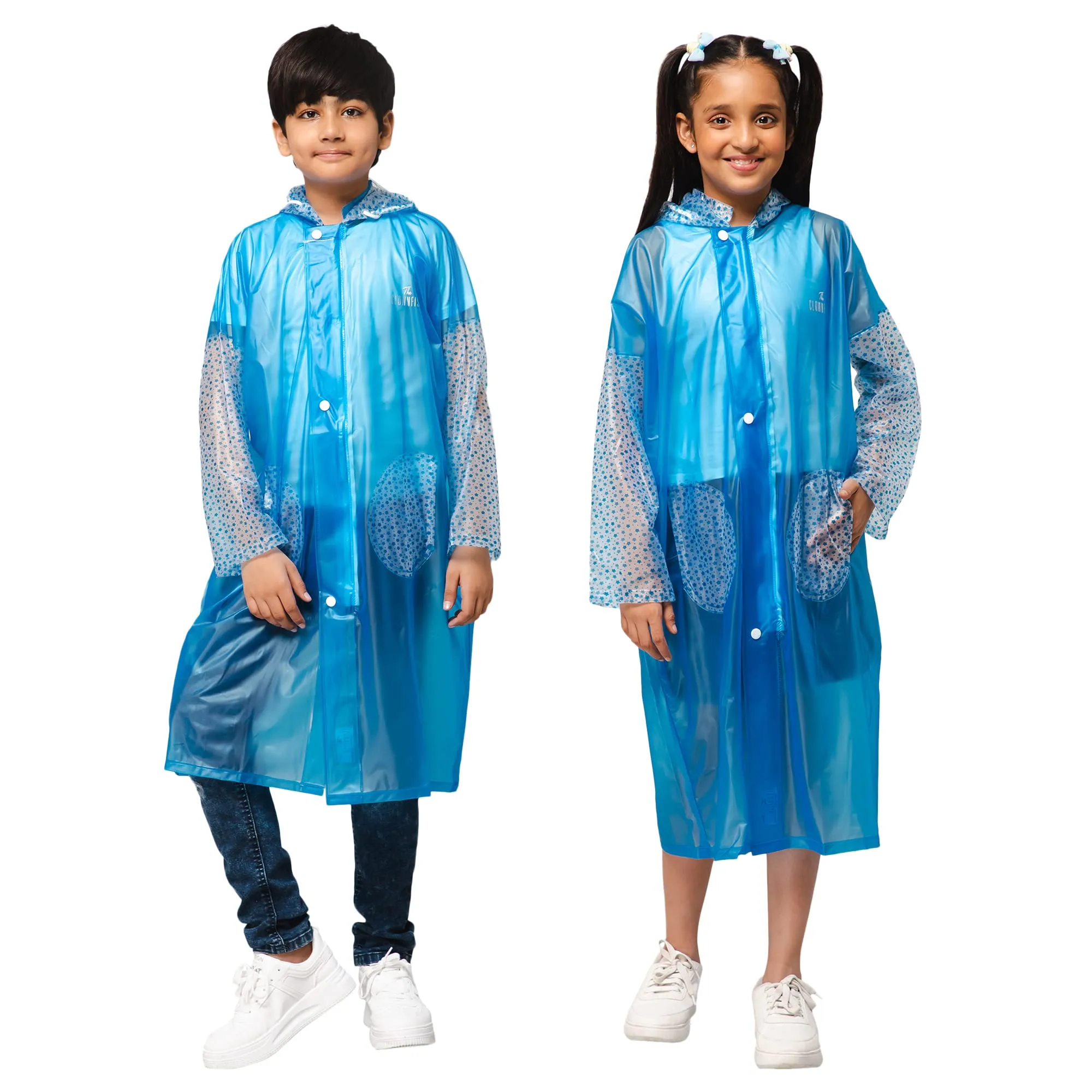 THE CLOWNFISH Shower Saver Series Unisex Kids Waterproof Single Layer PVC Longcoat/Raincoat with Adjustable Hood. Age-3-4 Years (Sky Blue)