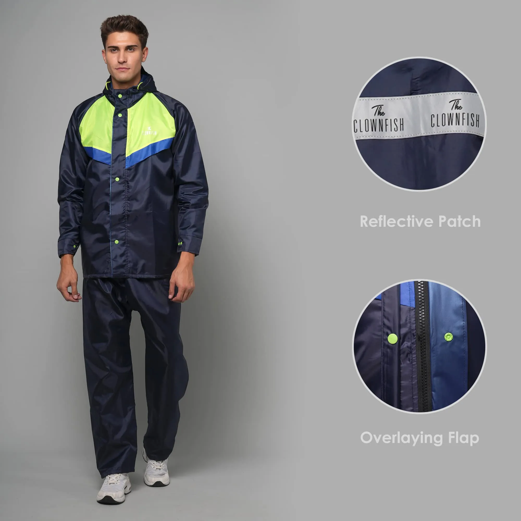 THE CLOWNFISH Sky Pro Series Men's Waterproof Polyester Double Coating Casual Style Raincoat With Hood And Reflector Logo At Back. Set Of Top And Bottom (Blue, Xxl)