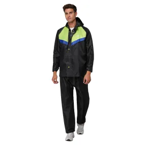 THE CLOWNFISH Sky Pro Series Men's Waterproof Polyester Double Coating Raincoat with Hood and Reflector Logo at Back. Set of Top and Bottom (Black, Large)