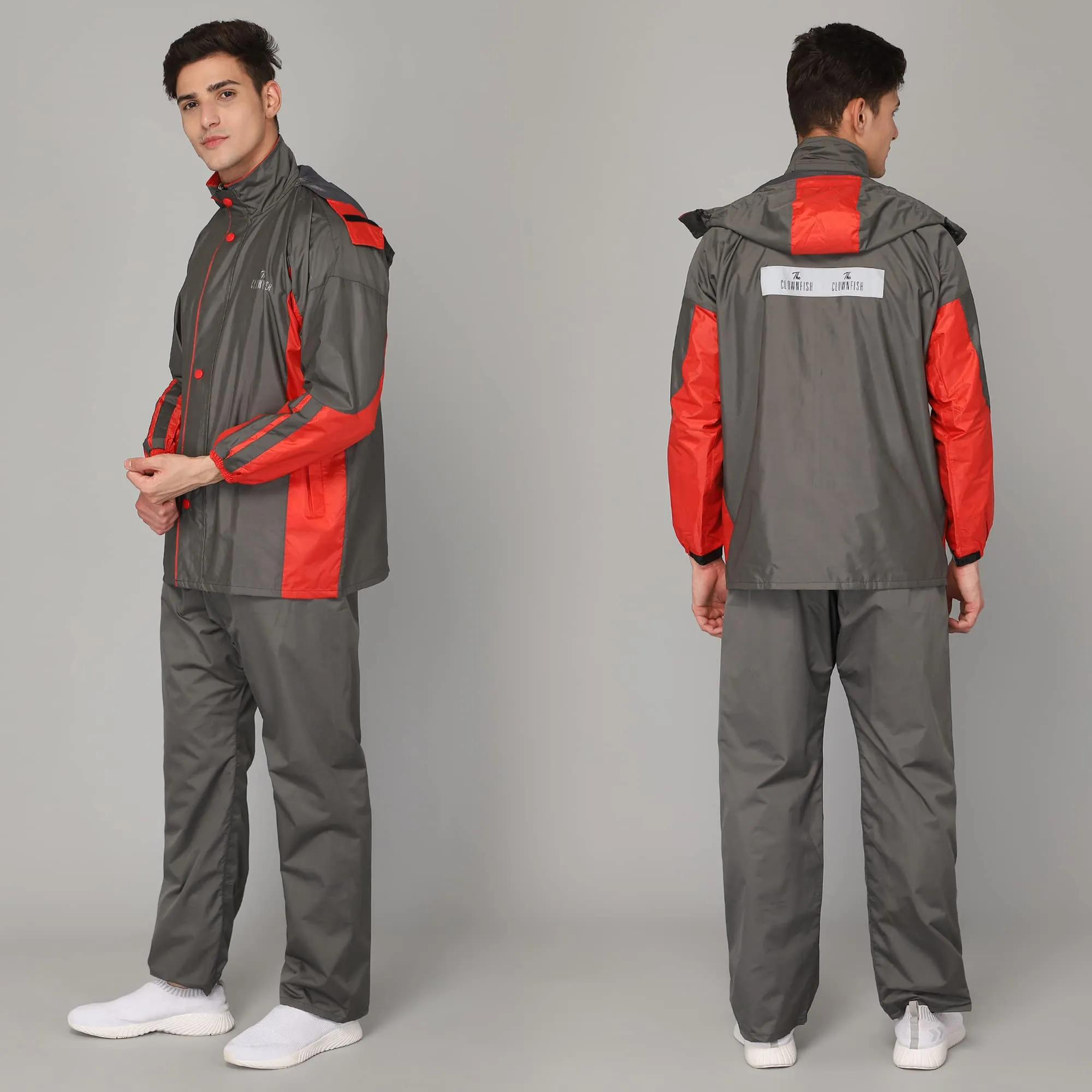 THE CLOWNFISH Solomon Series Men's Waterproof Polyester Double Coating Reversible Raincoat with Hood and Reflector Logo at Back. Set of Top and Bottom. Printed Plastic Pouch with Rope (Grey, X-Large)