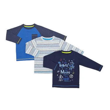 Toddler Long-Sleeved Tops - Pack Of 3 (Blue)