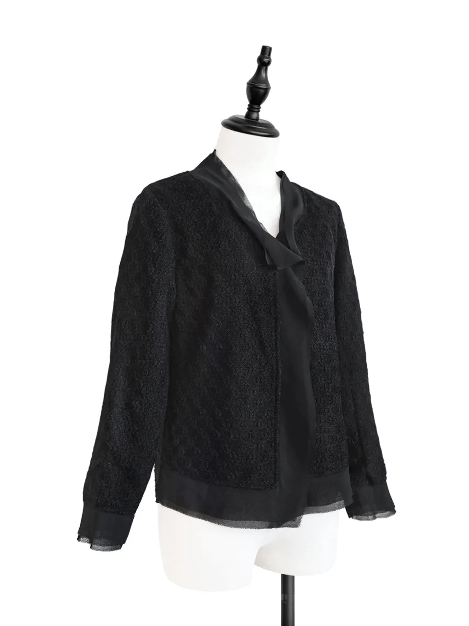 Tonal Black Chiffon Trimmed Open Front Bouclè Tweed Jacket