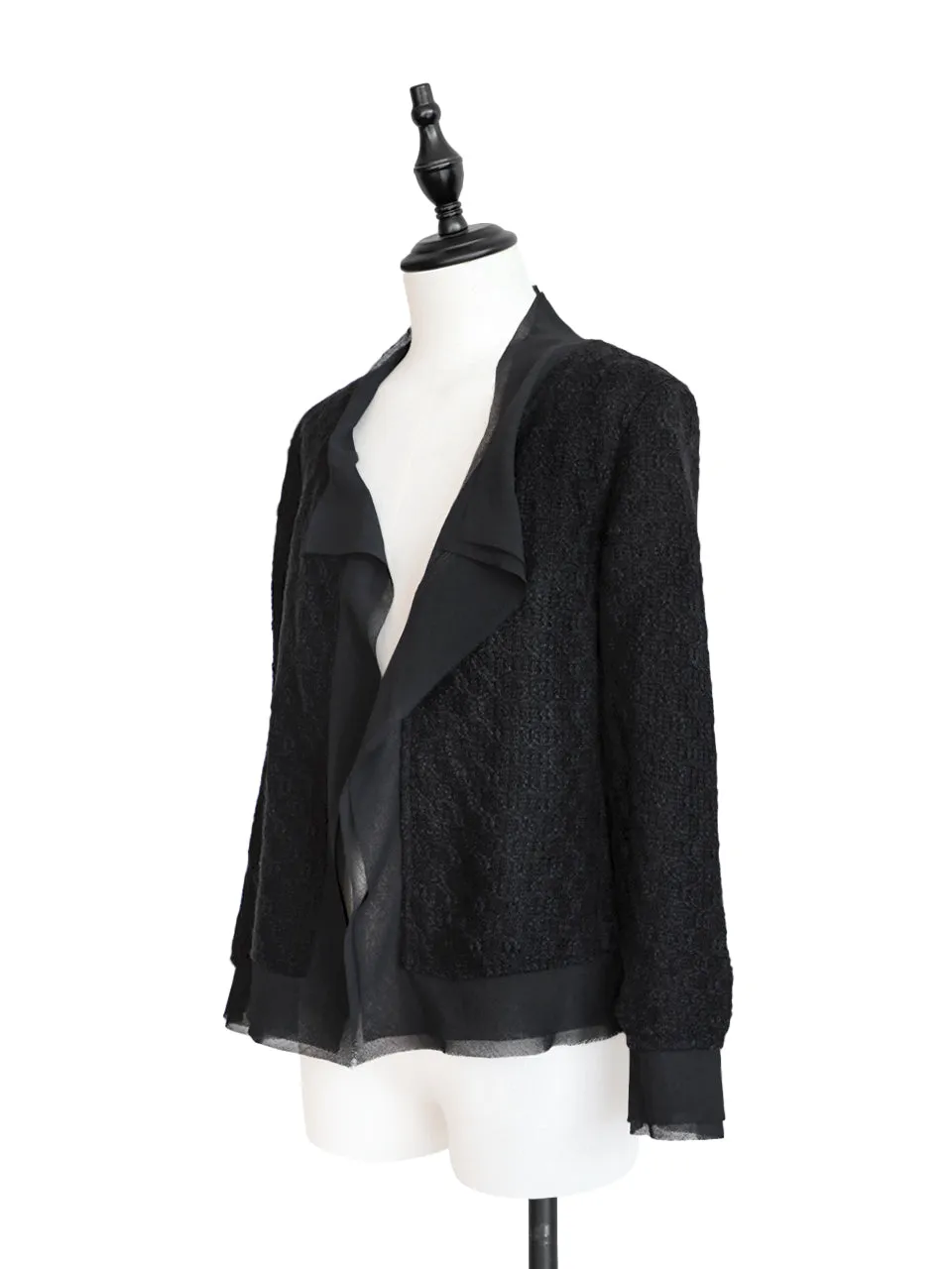 Tonal Black Chiffon Trimmed Open Front Bouclè Tweed Jacket