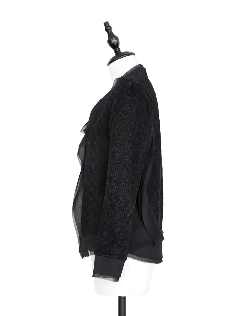 Tonal Black Chiffon Trimmed Open Front Bouclè Tweed Jacket