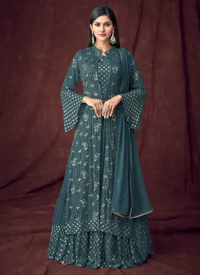 Turquoise Blue Dori Embroidered Jacket Style Anarkali Lehenga Suit