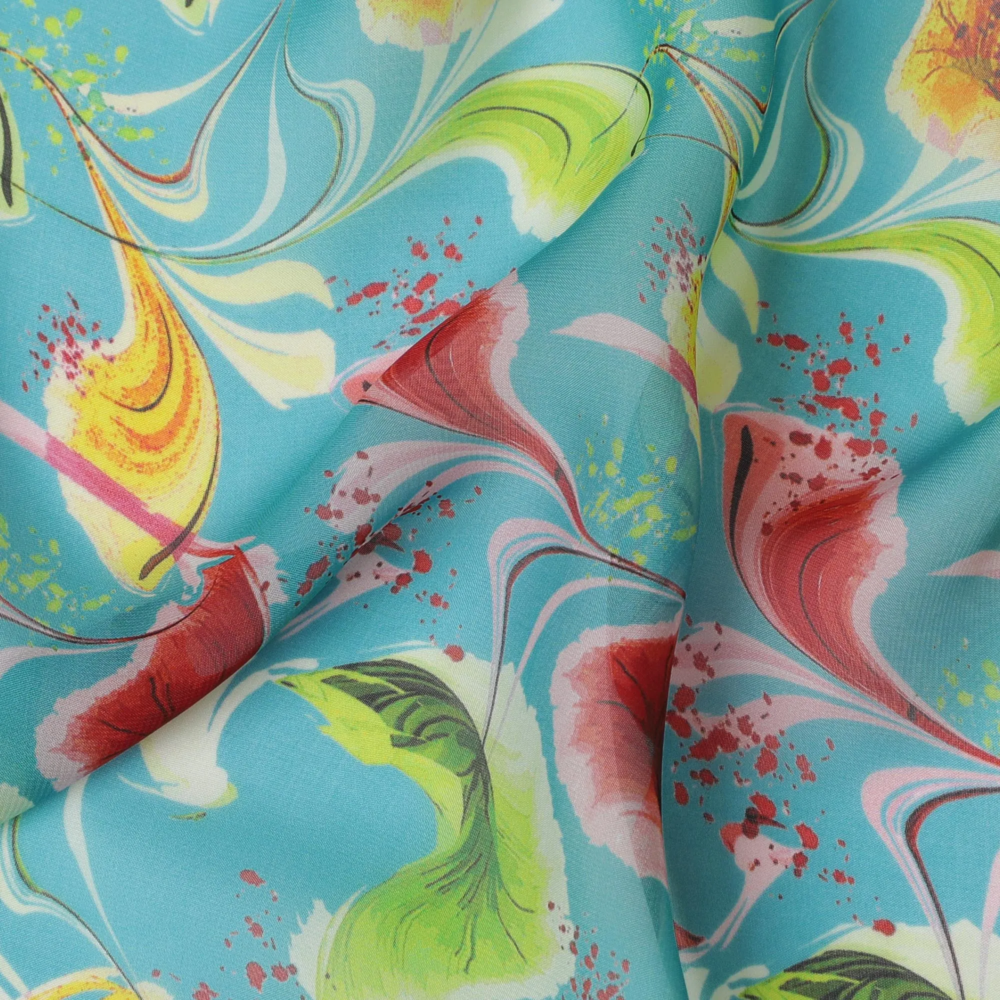 Turquoise Synthetic Chiffon Fabric with Exotic Bird and Floral Print, 140 cm Wide-D19124