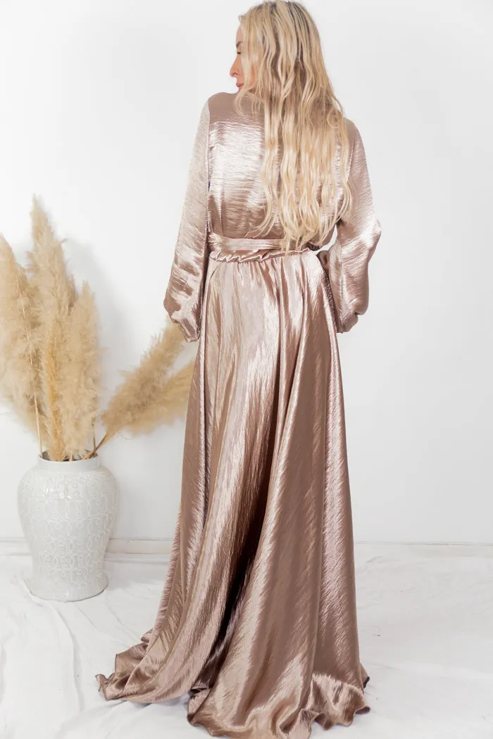 Ultra-Shine Deep-V Satin Maxi Dress - Champagne