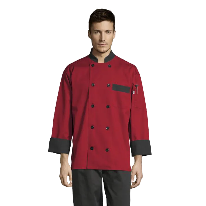 Uncommon Threads Chef Coat XS Red w/ Black Trim Unisex 65/35% Poly/Cotton Twill