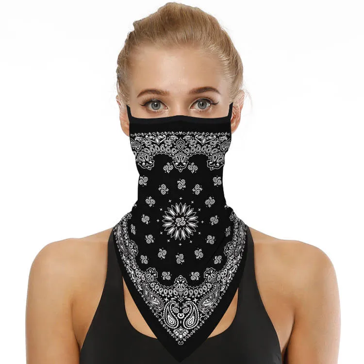 Unisex Face Scarf Bandana with Ear Loops Black Western Bandana