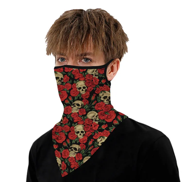 Unisex Face Scarf Bandana with Ear Loops Skulls and Roses