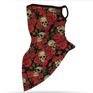 Unisex Face Scarf Bandana with Ear Loops Skulls and Roses