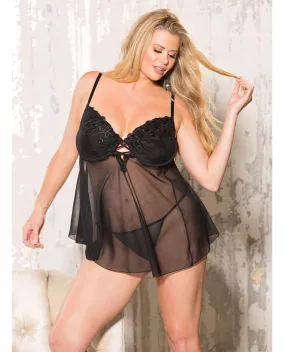 Valentine Net Babydoll w/Padded Underwire Cups w/Adjustable Straps & G-String Black 3X