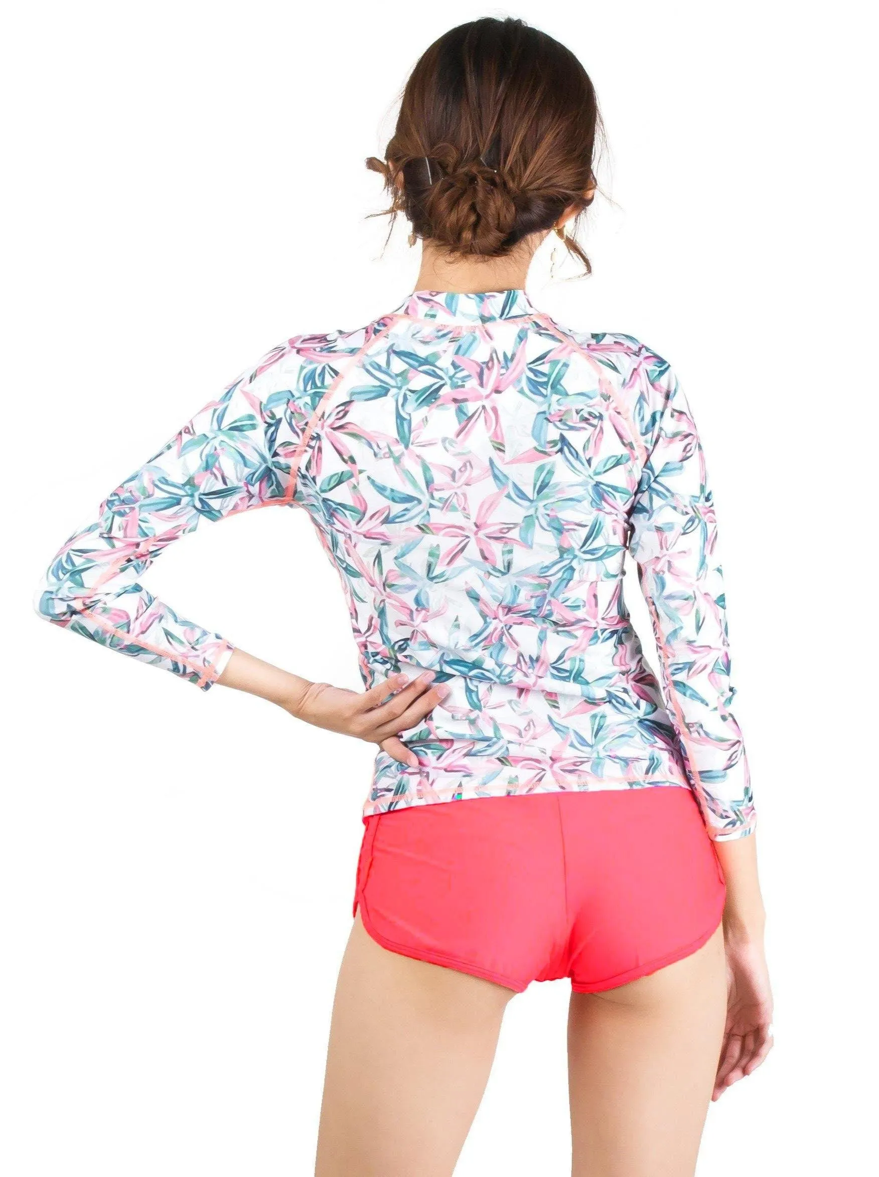 Vesper Pastel Long Sleeve Rash Guard Set in White / Neon Orange