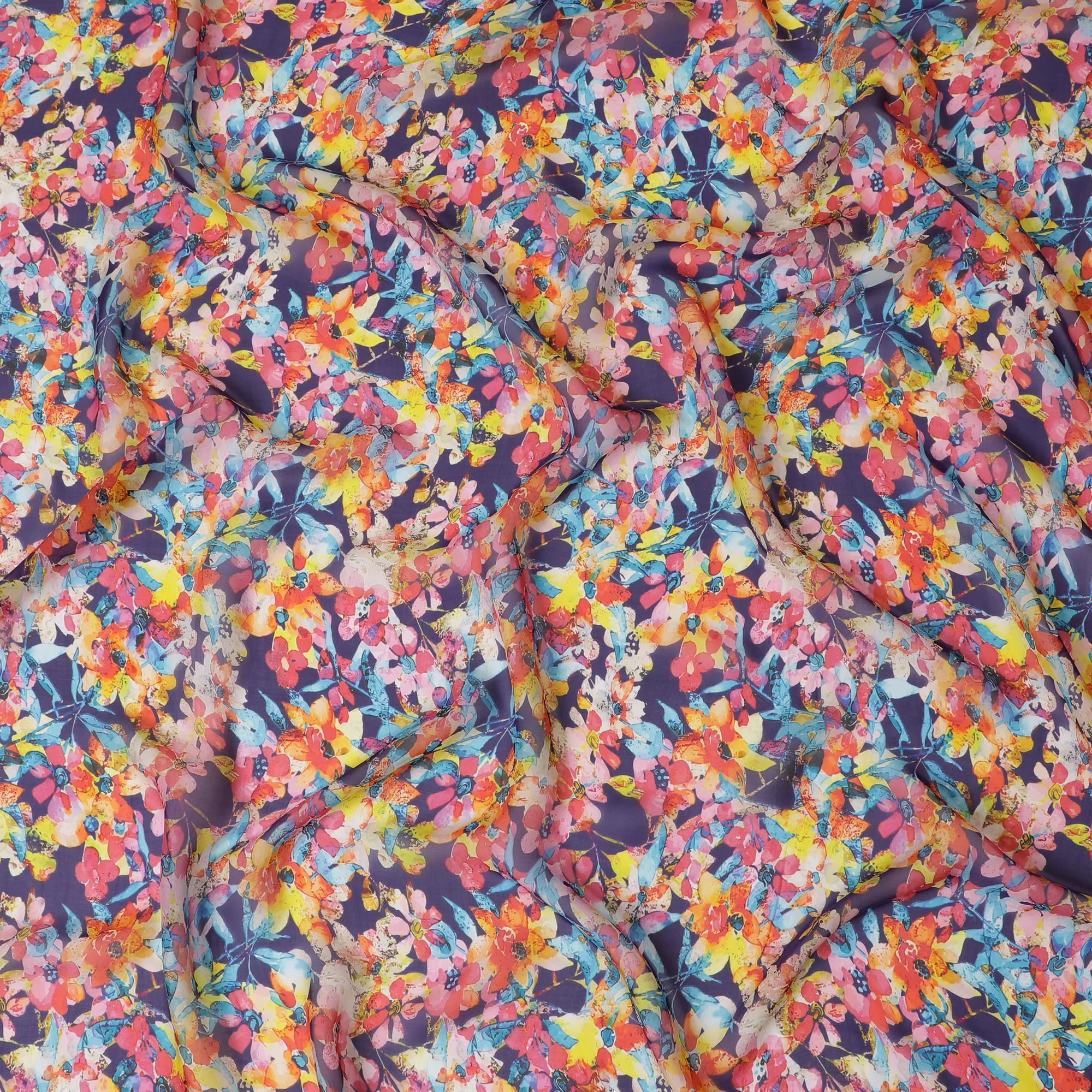 Vibrant Blue Synthetic Chiffon Fabric with Multicolor Floral Explosion Print, 140 cm Wide-D19110