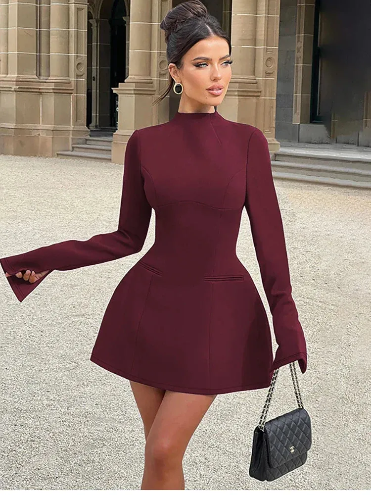 Wenkouban-Black Friday Christmas Party Outfits  Sexy Backless A-line Button Women Dress Black Round Neck Long Sleeve Mini Dress Autumn Winter New Elegant Women Clothing