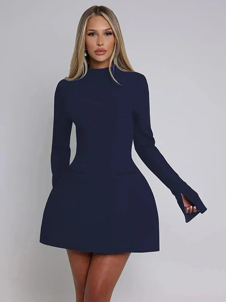 Wenkouban-Black Friday Christmas Party Outfits  Sexy Backless A-line Button Women Dress Black Round Neck Long Sleeve Mini Dress Autumn Winter New Elegant Women Clothing