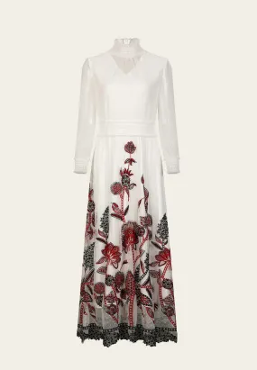 White Chiffon High Collar Floral Embroidered Evening Gown