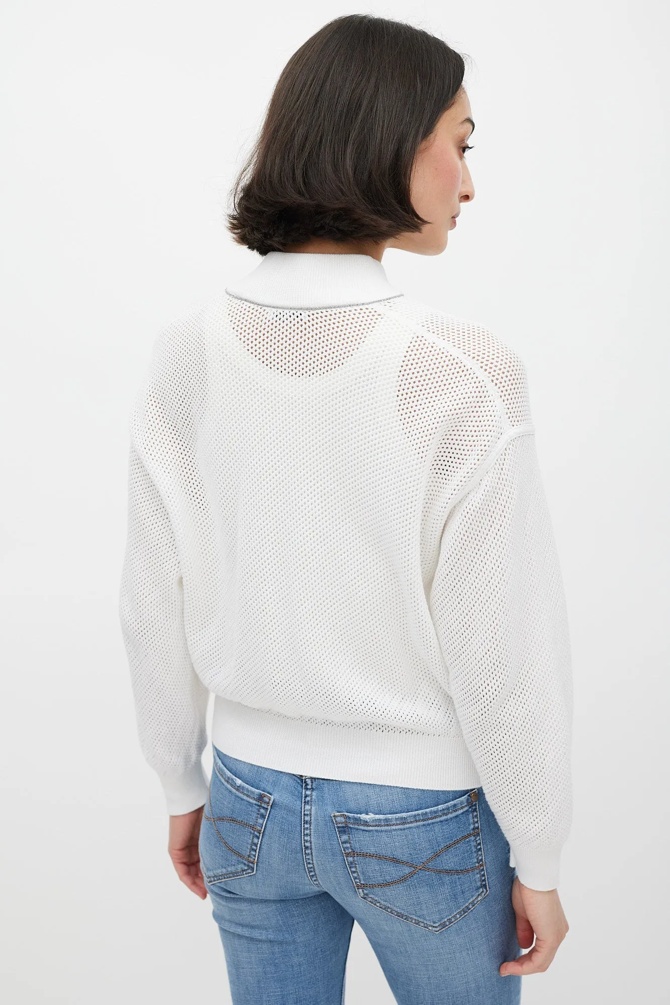 White Crocheted Monili Bomber Jacket