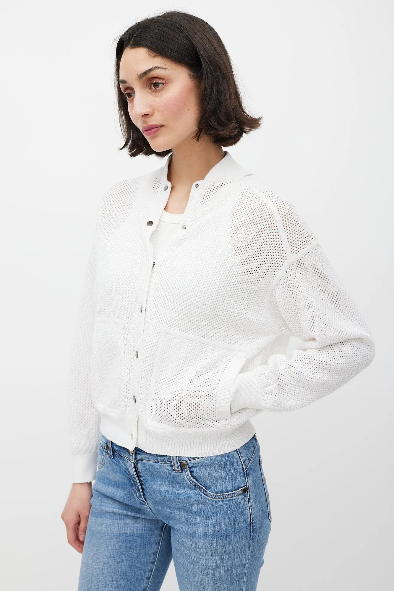 White Crocheted Monili Bomber Jacket