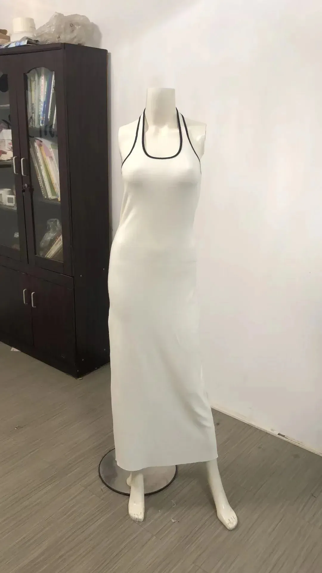 White Knit Halter Sleeveless Bodycon Backless Maxi Dress with Slit