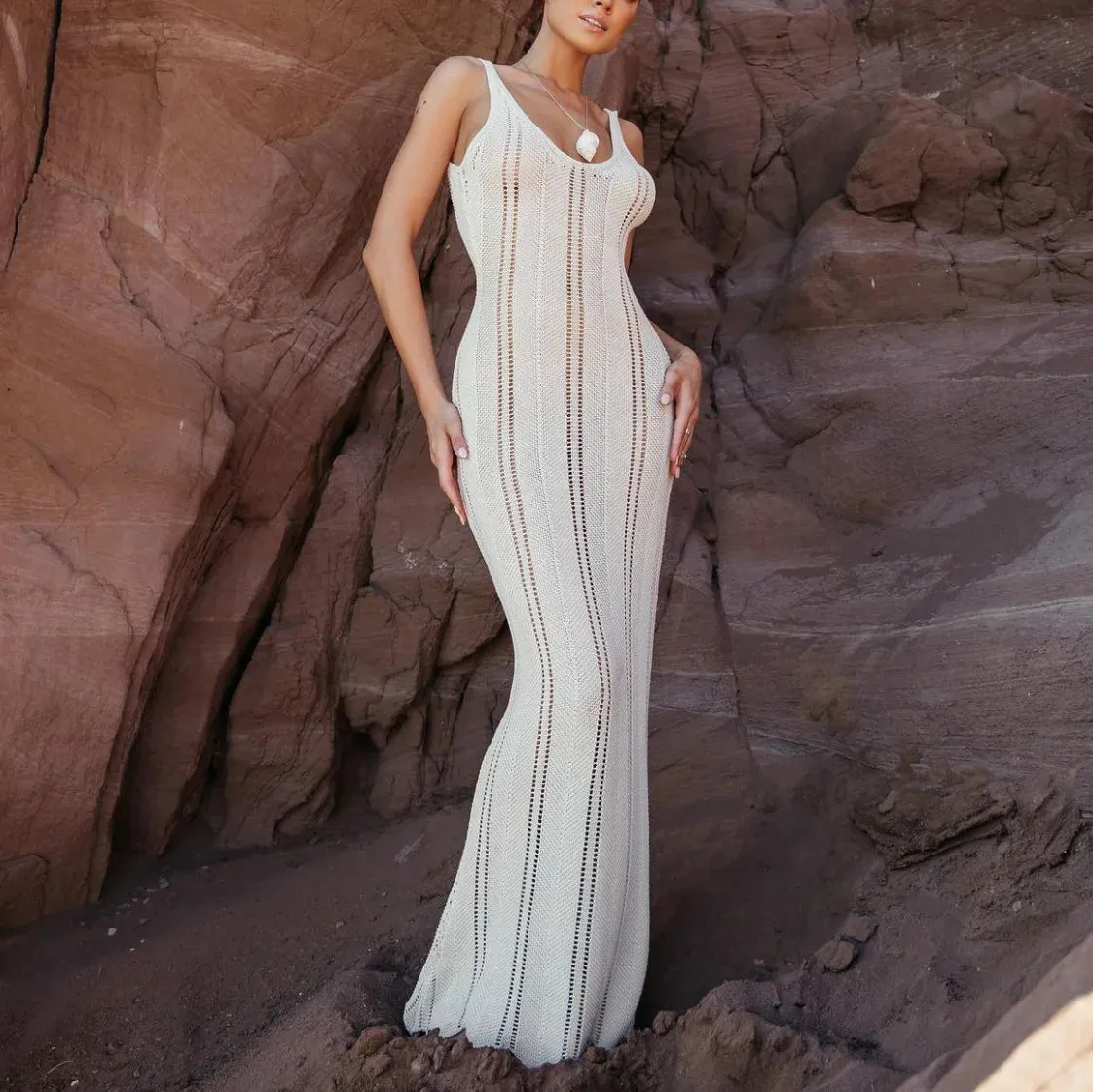 White Knitted Beach Women Holiday Outfits Sexy Hollow Out Sleeveless Slim Long Summer Elegant Backless Maxi Dress