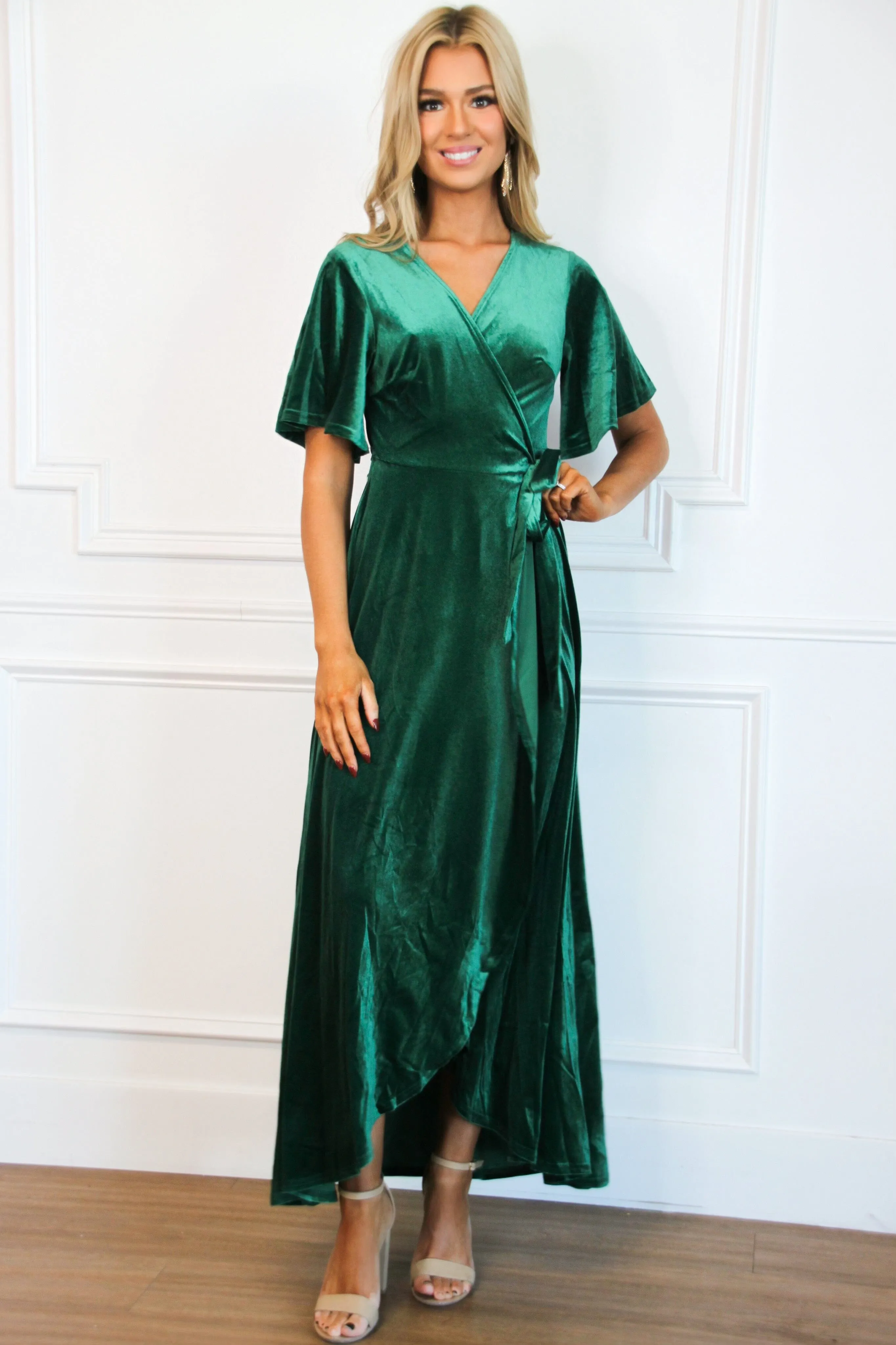 Winter Wonders Velvet Wrap Maxi Dress: Emerald