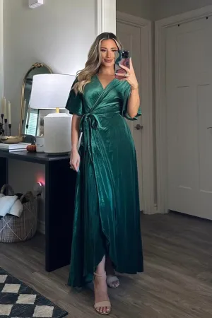 Winter Wonders Velvet Wrap Maxi Dress: Emerald