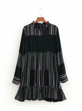 Women Casual Stripes Tunic Mini Long Sleeve Dress