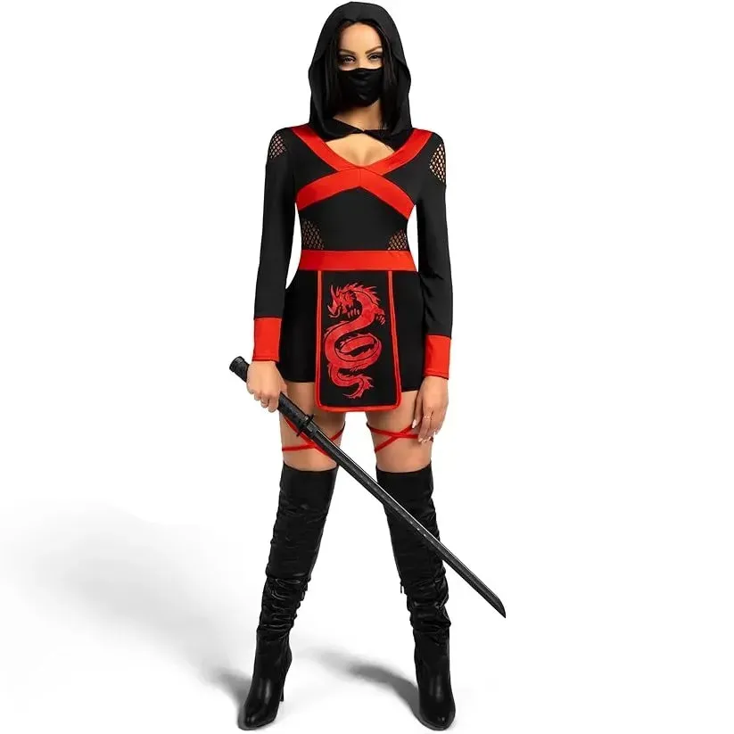 Women Ninja Costume, with Hooded Romper and Ninja Mask for Adult