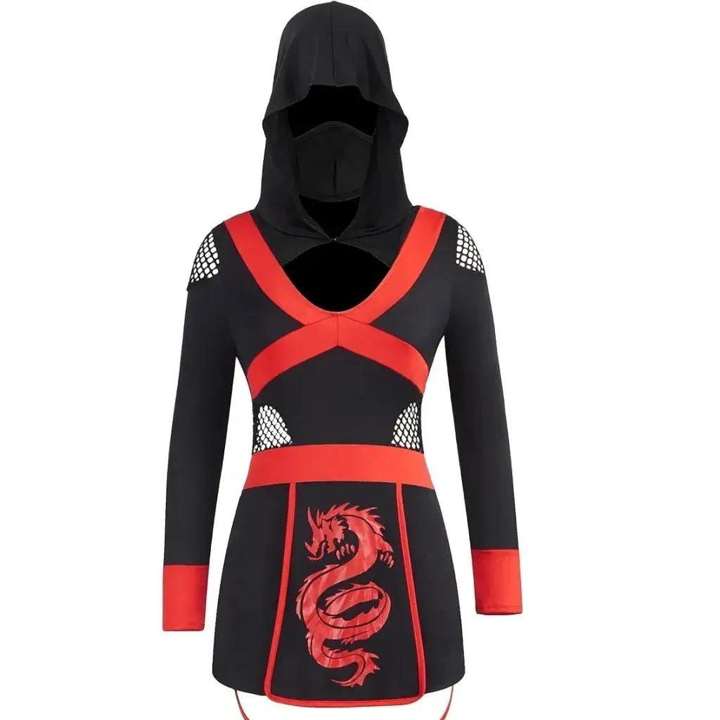 Women Ninja Costume, with Hooded Romper and Ninja Mask for Adult