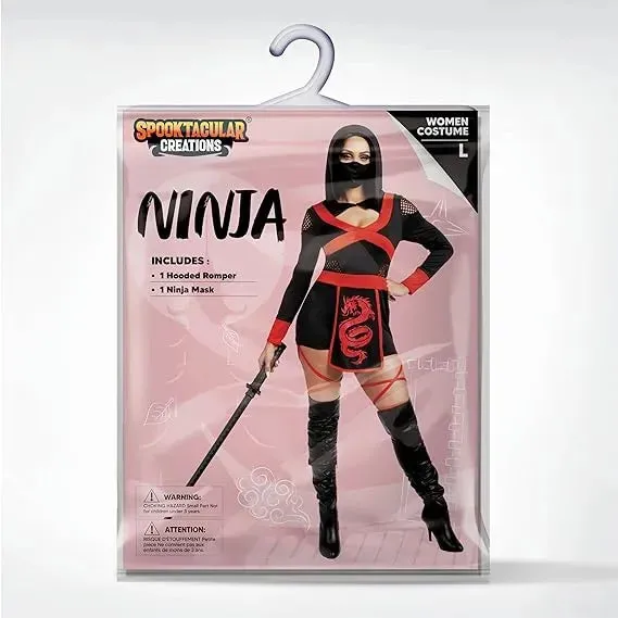 Women Ninja Costume, with Hooded Romper and Ninja Mask for Adult