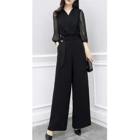 Women Transparent Sleeve Belted Waist Wide Leg Jumpsuit - WJC63530