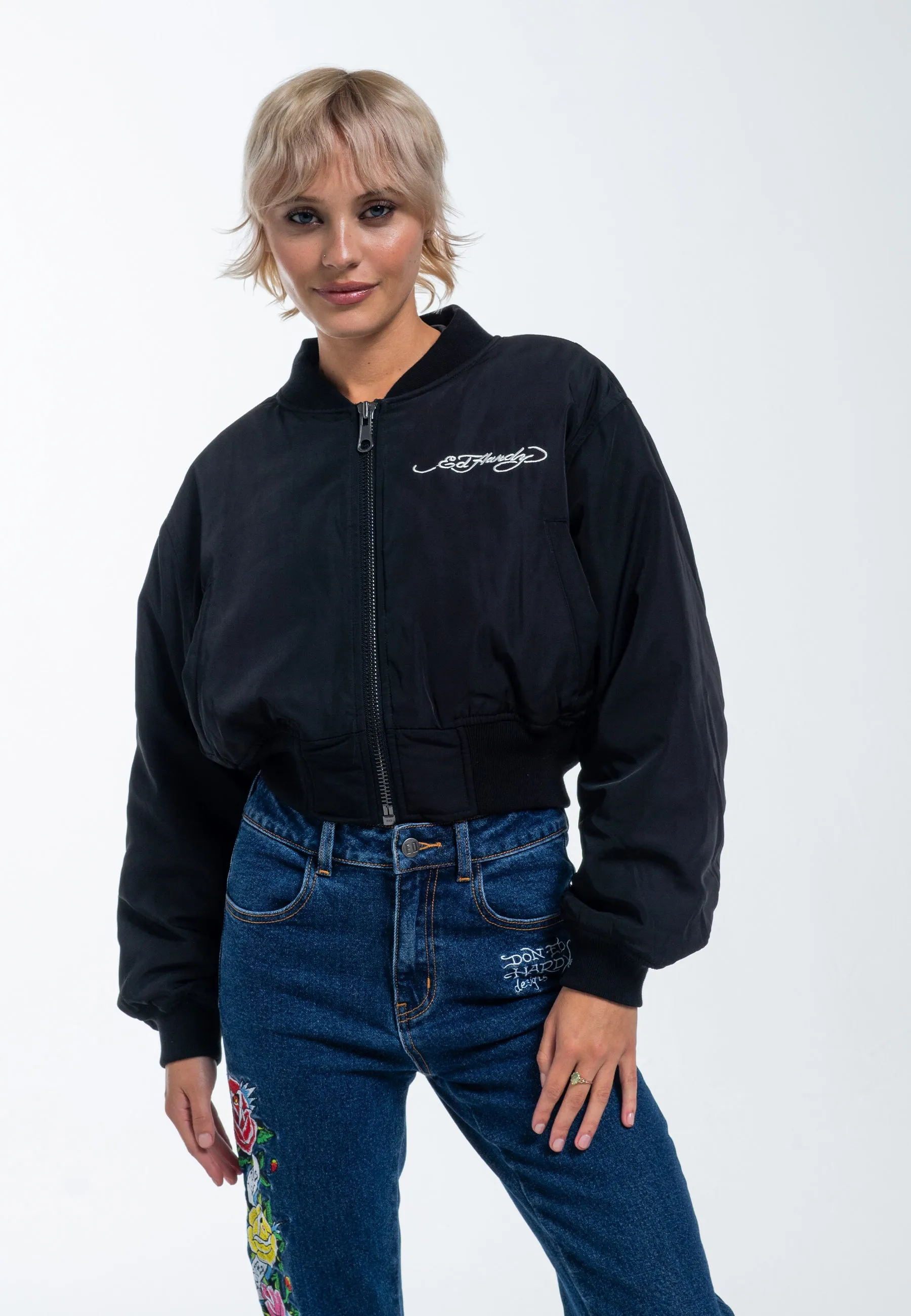 Womens City Night Cropped Bomber Jacket - Black