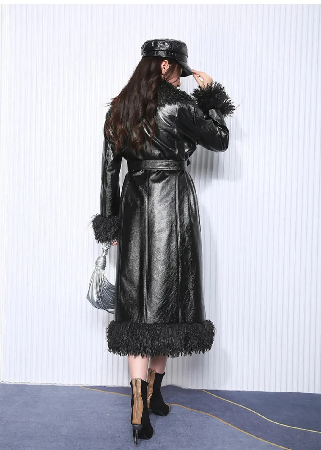 Women's Faux-Fur-Trim Faux-Leather Trench Coat