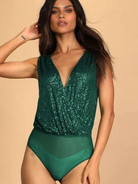 Women's Glitter Sequin Sleeveless Low Cut V-Neck Bodysuit