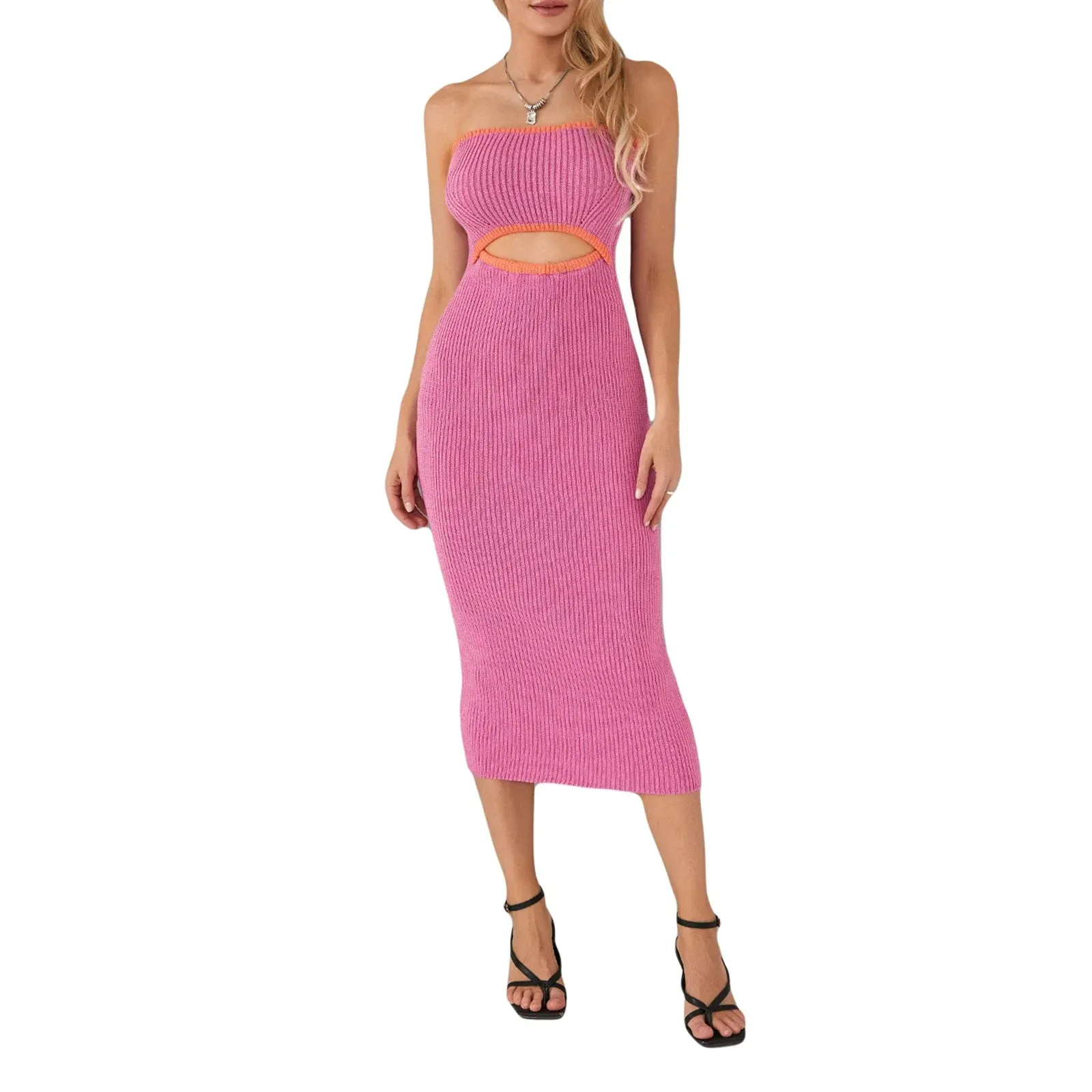 Y2k Rib Knit Tube Strapless Bodycon Long Beach Club Bandeau Streetwear Cut Out Dress